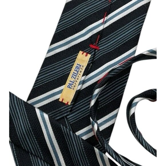 PAL ZILERI Men's 100% Silk Necktie LUXURY Tie XL Black Blue Striped W:3.4" EUC - Picture 2 of 5